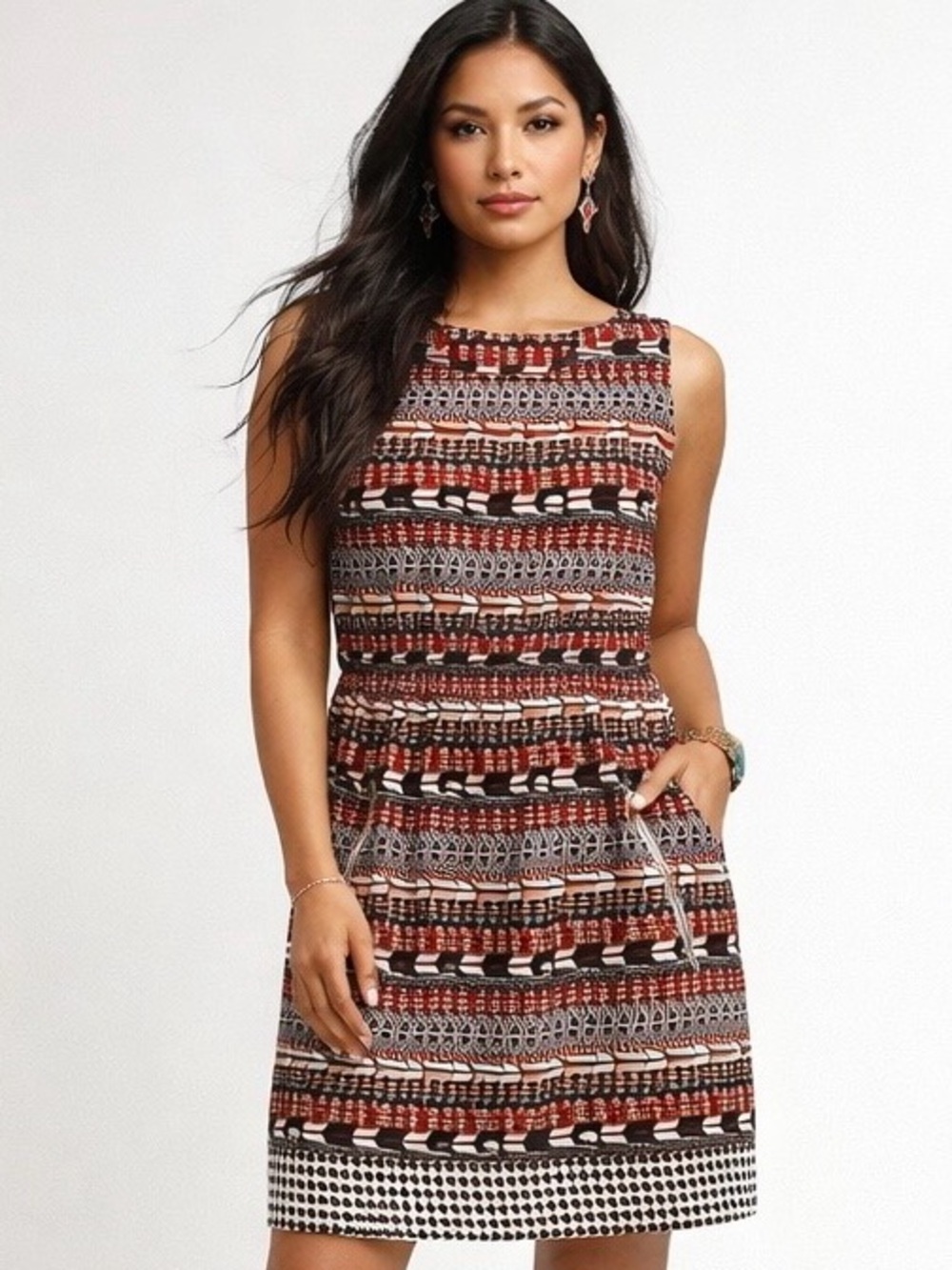 Speed Control Red, Peach, Brown and White Southwestern Mini Dress